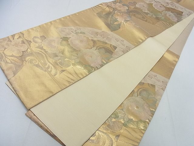 平和屋着物◎六通柄袋帯 扇面草花文 金糸 逸品 DAAA0698ea