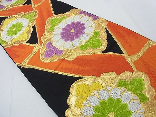 平和屋着物◎六通柄袋帯 唐織 菊竹文 黒地 金糸 逸品 DAAA0718ea