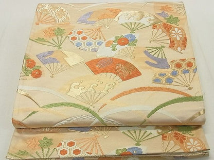 平和屋着物◎六通柄袋帯 唐織 扇面露芝草花文 金銀糸 逸品 DAAA0730ea