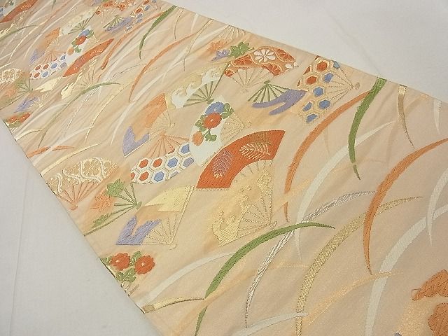 平和屋着物◎六通柄袋帯 唐織 扇面露芝草花文 金銀糸 逸品 DAAA0730ea
