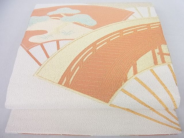 平和屋着物◎太鼓柄袋帯 扇面渡橋松文 金糸 逸品 DAAA6448ya
