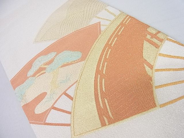 平和屋着物◎太鼓柄袋帯 扇面渡橋松文 金糸 逸品 DAAA6448ya