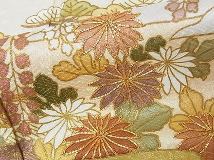 平和屋本店■極上 皇室献上作家 藤井寛 訪問着 駒刺繍 彩の宴 風景草花文 金彩 反端付 象牙色地 正絹 逸品 未使用 KAAA0710kk4