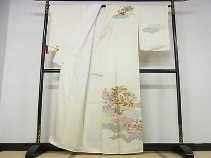 平和屋本店■極上 皇室献上作家 藤井寛 訪問着 駒刺繍 彩の宴 風景草花文 金彩 反端付 象牙色地 正絹 逸品 未使用 KAAA0710kk4