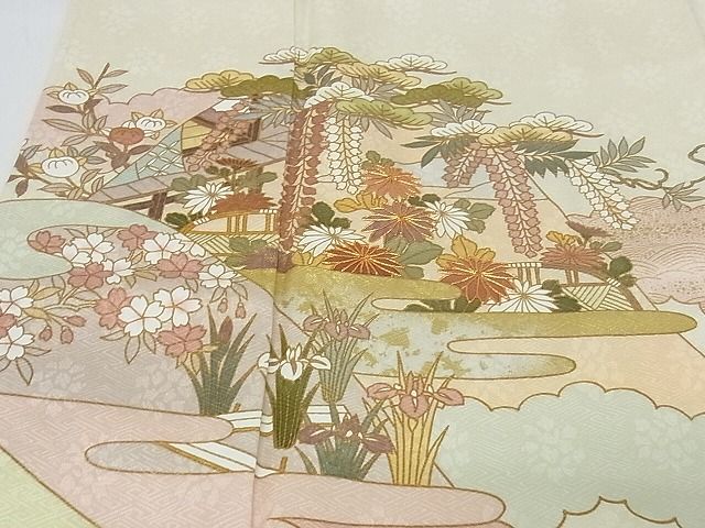 平和屋本店■極上 皇室献上作家 藤井寛 訪問着 駒刺繍 彩の宴 風景草花文 金彩 反端付 象牙色地 正絹 逸品 未使用 KAAA0710kk4
