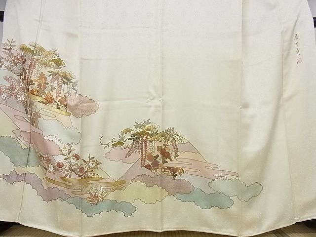 平和屋本店■極上 皇室献上作家 藤井寛 訪問着 駒刺繍 彩の宴 風景草花文 金彩 反端付 象牙色地 正絹 逸品 未使用 KAAA0710kk4