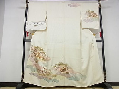 平和屋本店■極上 皇室献上作家 藤井寛 訪問着 駒刺繍 彩の宴 風景草花文 金彩 反端付 象牙色地 正絹 逸品 未使用 KAAA0710kk4