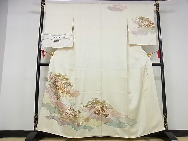 平和屋本店■極上 皇室献上作家 藤井寛 訪問着 駒刺繍 彩の宴 風景草花文 金彩 反端付 象牙色地 正絹 逸品 未使用 KAAA0710kk4