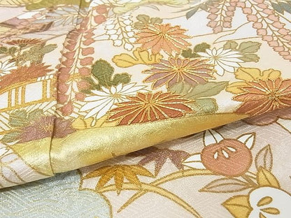 平和屋本店■極上 皇室献上作家 藤井寛 訪問着 駒刺繍 彩の宴 風景草花文 金彩 反端付 象牙色地 正絹 逸品 未使用 KAAA0710kk4