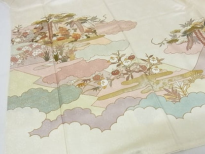 平和屋本店■極上 皇室献上作家 藤井寛 訪問着 駒刺繍 彩の宴 風景草花文 金彩 反端付 象牙色地 正絹 逸品 未使用 KAAA0710kk4