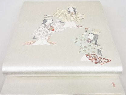 平和屋着物●加賀友禅の巨匠 初代 由水十久 西陣 長嶋成織物 太鼓柄袋帯 女鶴亀 瀞銀錦 逸品 未使用 DAAB7953ps