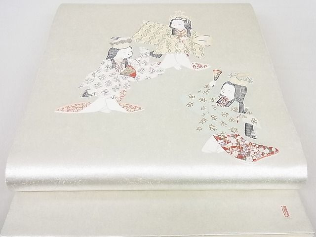平和屋着物●加賀友禅の巨匠 初代 由水十久 西陣 長嶋成織物 太鼓柄袋帯 女鶴亀 瀞銀錦 逸品 未使用 DAAB7953ps