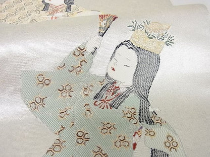平和屋着物●加賀友禅の巨匠 初代 由水十久 西陣 長嶋成織物 太鼓柄袋帯 女鶴亀 瀞銀錦 逸品 未使用 DAAB7953ps