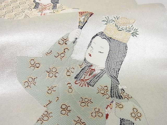 平和屋着物●加賀友禅の巨匠 初代 由水十久 西陣 長嶋成織物 太鼓柄袋帯 女鶴亀 瀞銀錦 逸品 未使用 DAAB7953ps