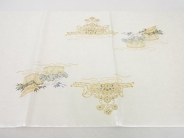 平和屋着物●加賀友禅の巨匠 初代 由水十久 西陣 長嶋成織物 太鼓柄袋帯 女鶴亀 瀞銀錦 逸品 未使用 DAAB7953ps