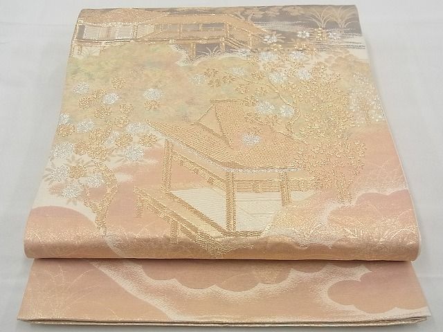 平和屋着物◎六通柄袋帯 美綾にしき 風景文 錦引箔 金銀糸 逸品 BAAD1650du