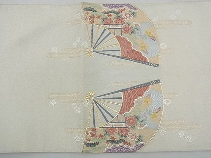 平和屋着物◎太鼓柄袋帯 唐織 エ霞扇面吉祥花文 金糸 逸品 BAAD1662du