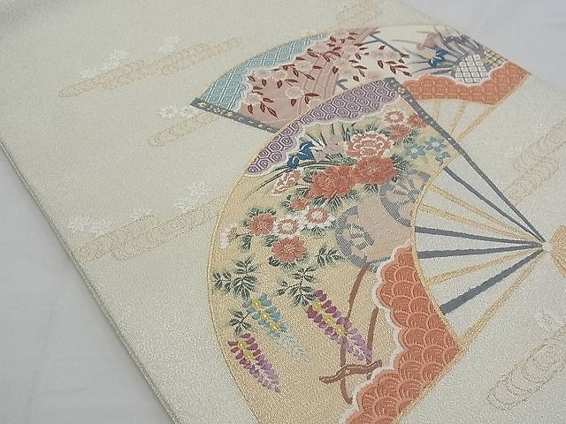 平和屋着物◎太鼓柄袋帯 唐織 エ霞扇面吉祥花文 金糸 逸品 BAAD1662du