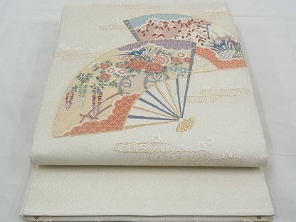 平和屋着物◎太鼓柄袋帯 唐織 エ霞扇面吉祥花文 金糸 逸品 BAAD1662du