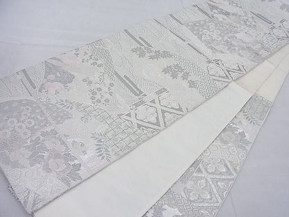 平和屋着物◎六通柄袋帯 唐織 地紙花鳥文 銀糸 逸品 BAAD0891ea