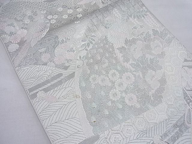 平和屋着物◎六通柄袋帯 唐織 地紙花鳥文 銀糸 逸品 BAAD0891ea