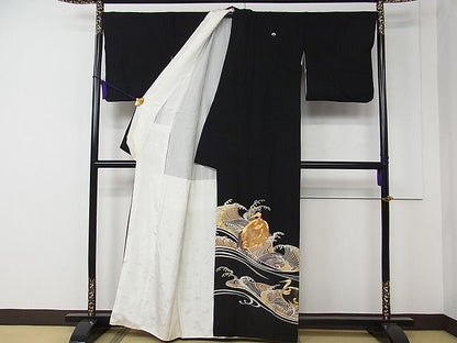 平和屋着物■豪華黒留袖　駒刺繍　立波鶴文　金銀彩　逸品　CAAC5237rv