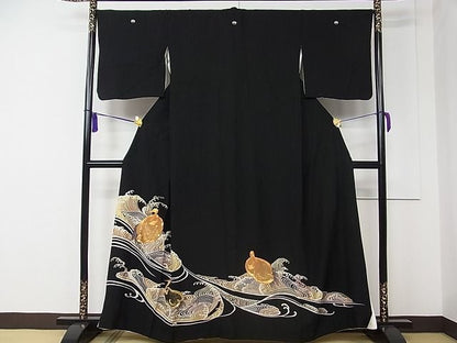 平和屋着物■豪華黒留袖　駒刺繍　立波鶴文　金銀彩　逸品　CAAC5237rv