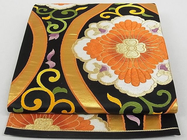 平和屋着物◎六通柄袋帯 唐織 立涌花唐草 黒地 金糸 正絹 逸品 AAAD7730Aog