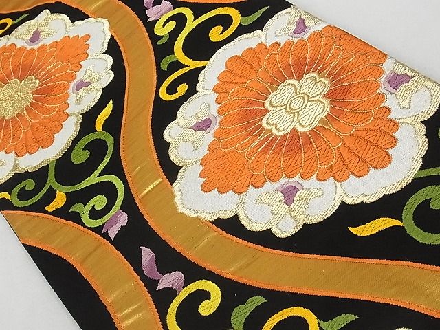 平和屋着物◎六通柄袋帯 唐織 立涌花唐草 黒地 金糸 正絹 逸品 AAAD7730Aog