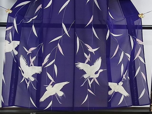 平和屋本店＊極上　夏物　セミアンティーク　大正ロマン　訪問着　絽　白サギ　枝垂れ柳　紅桔梗色地　銀彩　逸品　DZAA0271kh4
