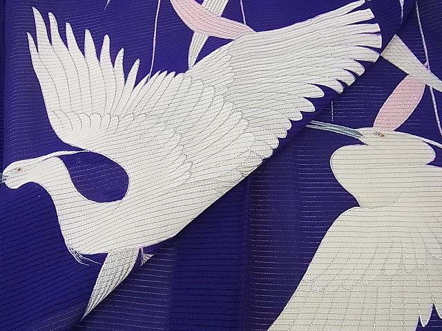 平和屋本店＊極上　夏物　セミアンティーク　大正ロマン　訪問着　絽　白サギ　枝垂れ柳　紅桔梗色地　銀彩　逸品　DZAA0271kh4