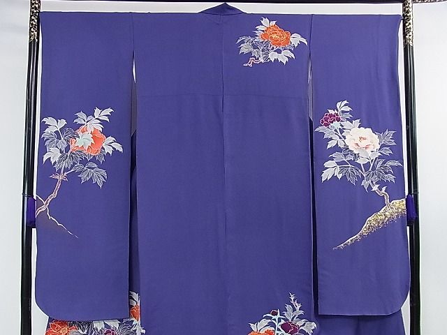 平和屋本店●極上 創業460年・千總 振袖 駒刺繍 枝花文 紺藍色地 金彩 逸品 DZAA0217kh4
