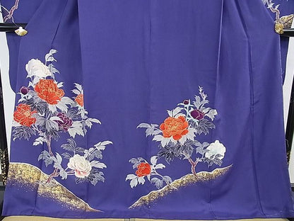 平和屋本店●極上 創業460年・千總 振袖 駒刺繍 枝花文 紺藍色地 金彩 逸品 DZAA0217kh4