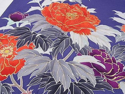 平和屋本店●極上 創業460年・千總 振袖 駒刺繍 枝花文 紺藍色地 金彩 逸品 DZAA0217kh4