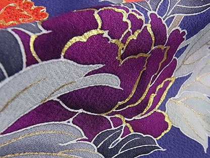 平和屋本店●極上 創業460年・千總 振袖 駒刺繍 枝花文 紺藍色地 金彩 逸品 DZAA0217kh4