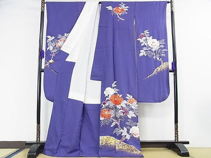 平和屋本店●極上 創業460年・千總 振袖 駒刺繍 枝花文 紺藍色地 金彩 逸品 DZAA0217kh4