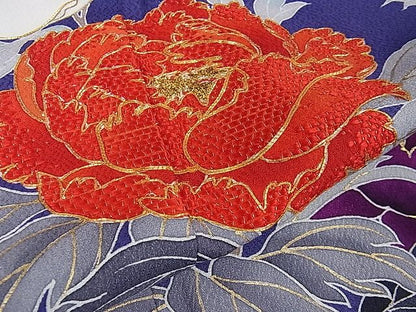 平和屋本店●極上 創業460年・千總 振袖 駒刺繍 枝花文 紺藍色地 金彩 逸品 DZAA0217kh4