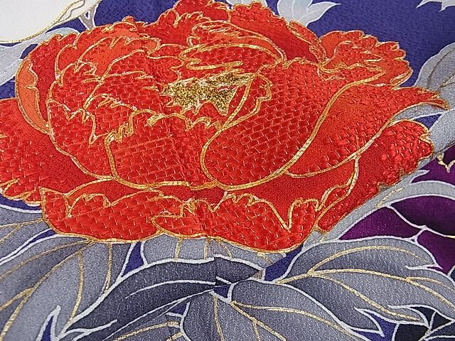 平和屋本店●極上 創業460年・千總 振袖 駒刺繍 枝花文 紺藍色地 金彩 逸品 DZAA0217kh4