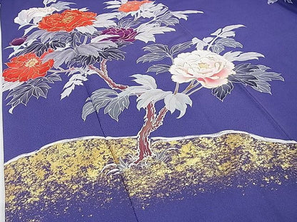 平和屋本店●極上 創業460年・千總 振袖 駒刺繍 枝花文 紺藍色地 金彩 逸品 DZAA0217kh4