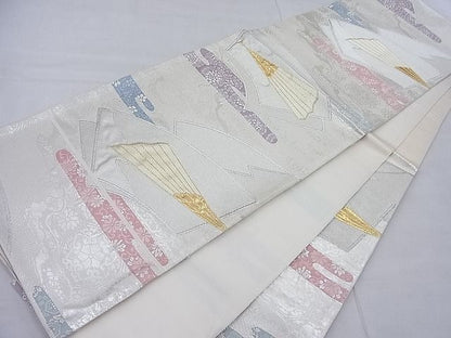 平和屋着物◎六通柄袋帯 唐織 エ霞扇面花唐草文 金銀糸 逸品 BAAD2434ea