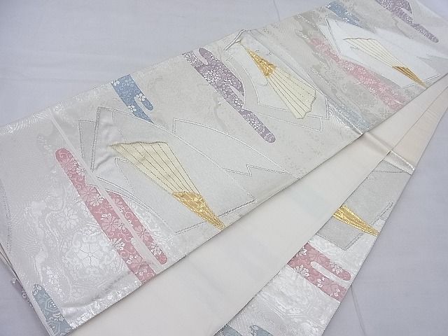 平和屋着物◎六通柄袋帯 唐織 エ霞扇面花唐草文 金銀糸 逸品 BAAD2434ea