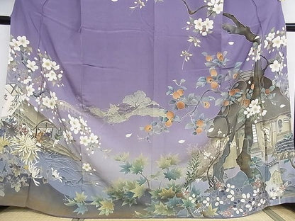 平和屋本店●極上 訪問着 友禅 人物風景文 桜柿 花見 暈し染め 正絹 逸品 KAAA0857kk4