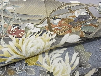 平和屋本店●極上 訪問着 友禅 人物風景文 桜柿 花見 暈し染め 正絹 逸品 KAAA0857kk4