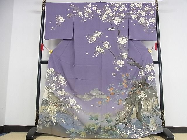 平和屋本店●極上 訪問着 友禅 人物風景文 桜柿 花見 暈し染め 正絹 逸品 KAAA0857kk4