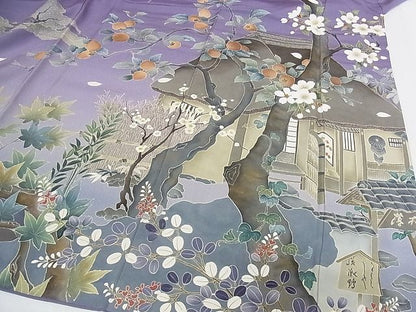 平和屋本店●極上 訪問着 友禅 人物風景文 桜柿 花見 暈し染め 正絹 逸品 KAAA0857kk4