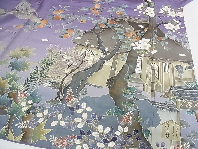 平和屋本店●極上 訪問着 友禅 人物風景文 桜柿 花見 暈し染め 正絹 逸品 KAAA0857kk4