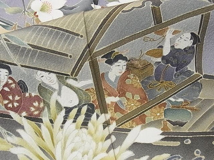 平和屋本店●極上 訪問着 友禅 人物風景文 桜柿 花見 暈し染め 正絹 逸品 KAAA0857kk4