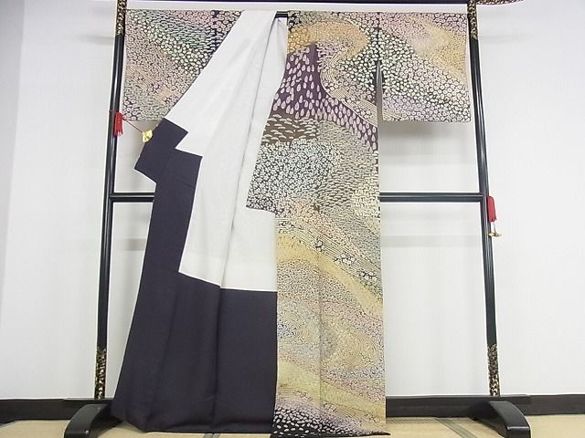 平和屋本店■極上　訪問着　絞り　流水花文　暈し染め　銀通し地　正絹　逸品　KAAA0866kk4