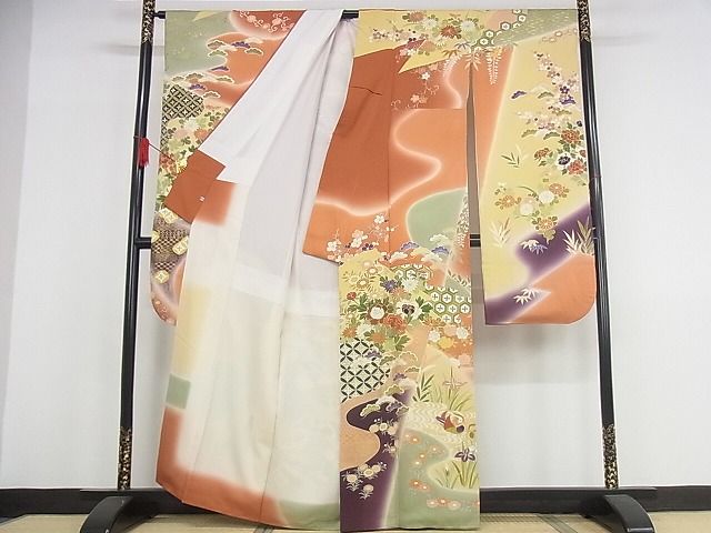 平和屋本店●極上　創業460年・千總　振袖　駒刺繍　花鳥風景文　暈し染め　金彩　正絹　逸品　KAAA0890kk4