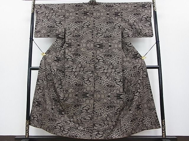平和屋着物●本場大島紬 7マルキ 泥染め 風景草花文 逸品 DAAC6121fe